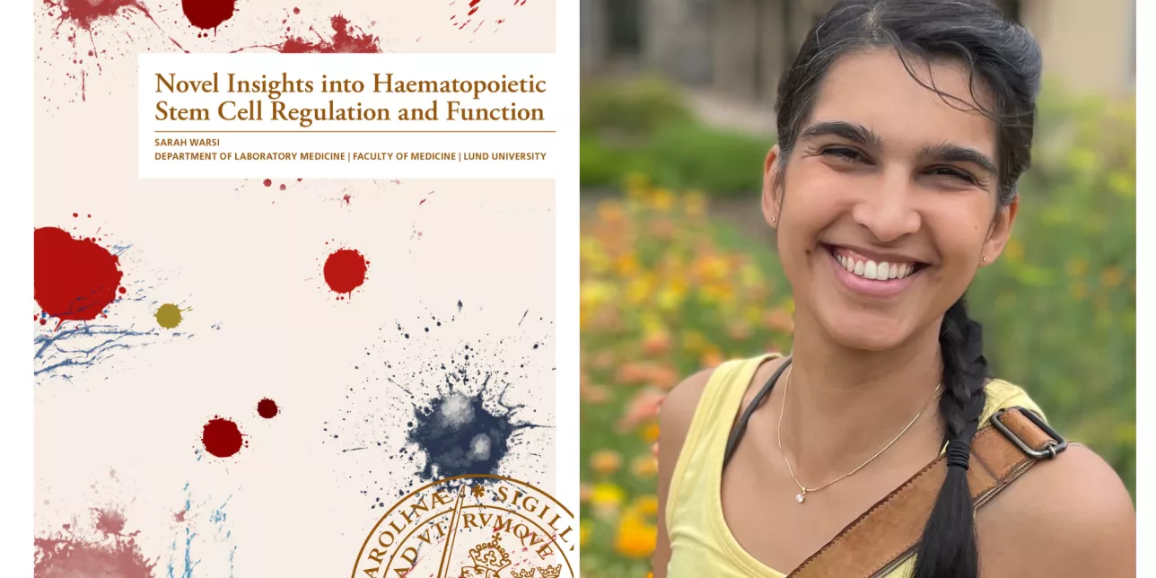 Photo of Sarah Warsi (right) and an image of her Ph.D. thesis cover (left).