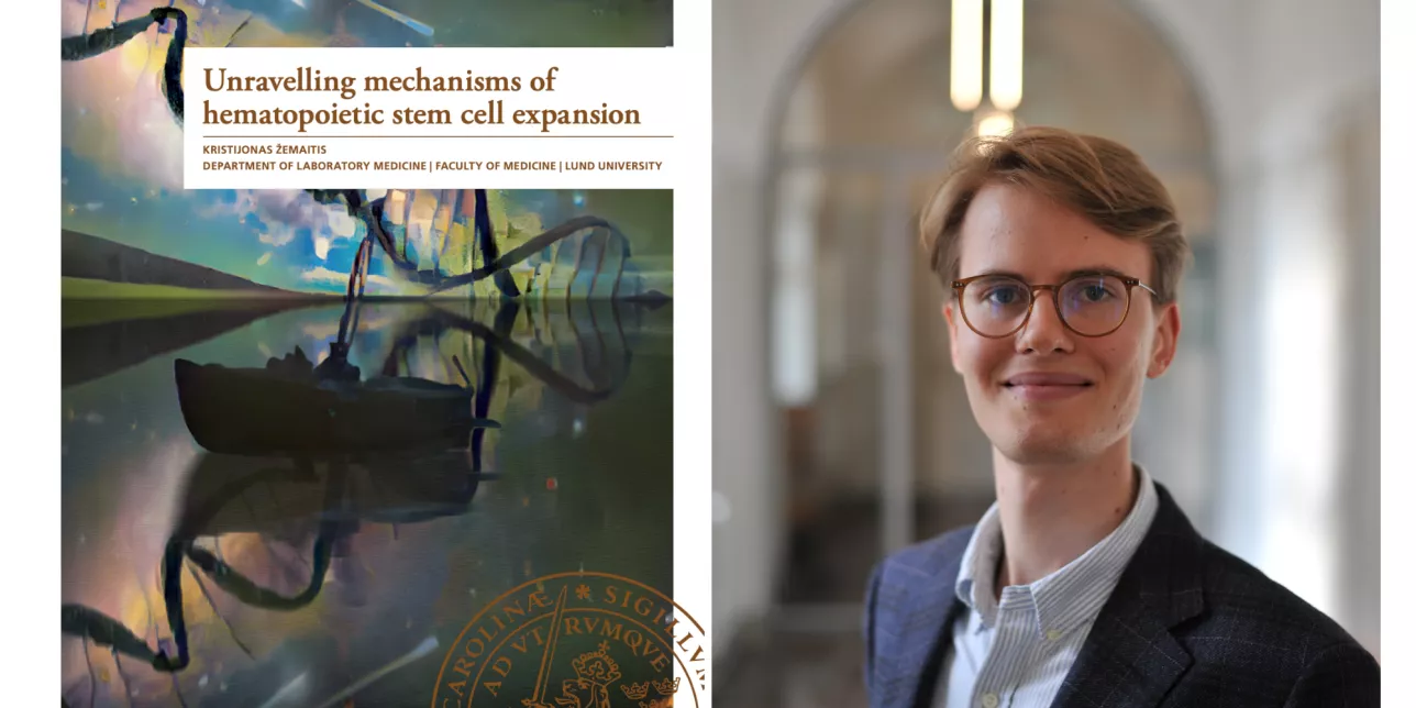 Photo collage of Kristijonas Zemaitis (right) and his Ph.D. thesis cover (left).