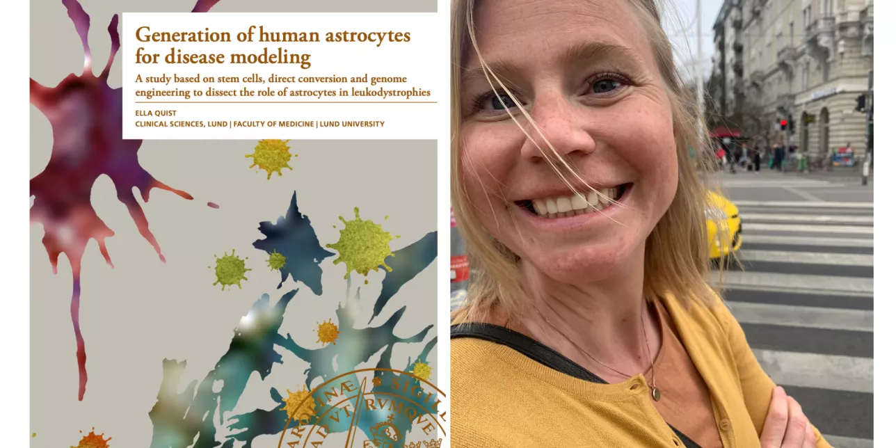 Photo collage of Ella Quist (right) and her PhD thesis cover (left).