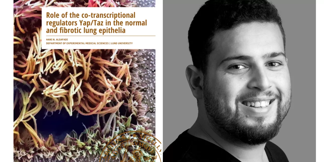Photo collage of Hani Alsafadi (right) and his PhD thesis cover (left).