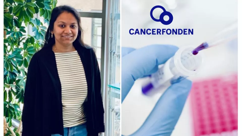 Photo of Sowndarya Muthukumar (left). Photo of a person handling laboratory samples with the Cancerfonden logo (right).