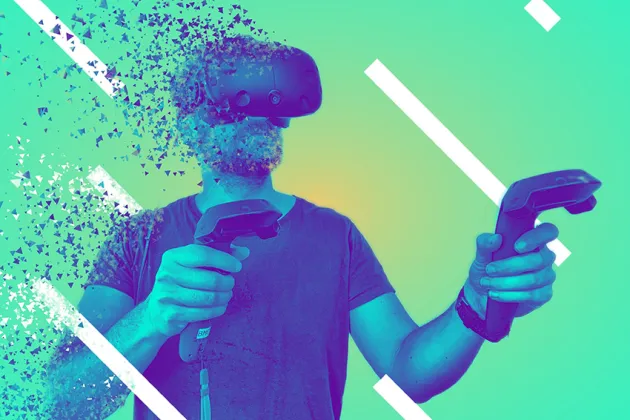 A man using a VR headset and hand controllers