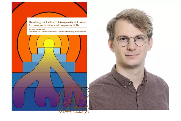 A photo of Mikael Sommarin next to the cover of his thesis