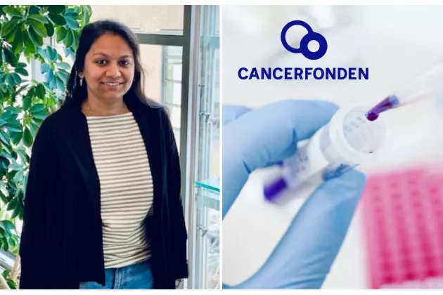 Photo of Sowndarya Muthukumar (left). Photo of a person handling laboratory samples with the Cancerfonden logo (right).