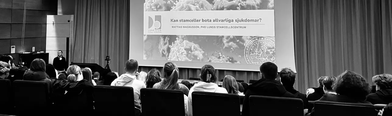 UniStem Day 2023 presentation with Mattias Magnusson and audience. Black and white photo.
