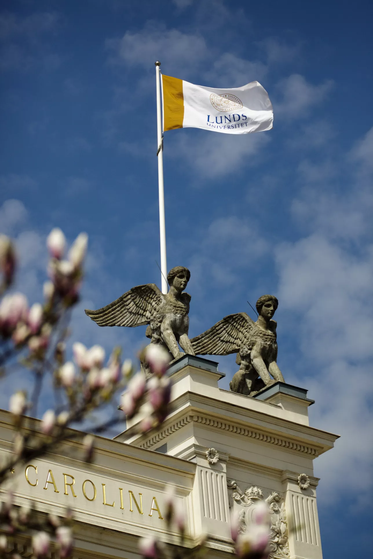 Photo of the Lund University sphinx statues with the Lund University flag