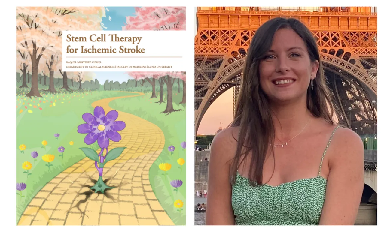 Image Collage with a portrait of Raquel (right) and the cover of her thesis (left). Photo.