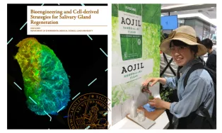 Photo collage of Jiao Dong (right) and her PhD thesis cover (left).