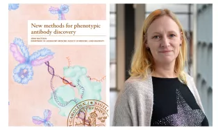 Image collage with a photo of Jenny Mattsson (right) and her PhD thesis cover (left).